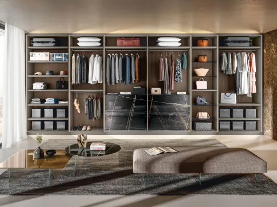Cabina Armadio in laccato opaco con cassettiera in vetro effetto marmo Calacatta Black Outfit Marble XGlass di Lago