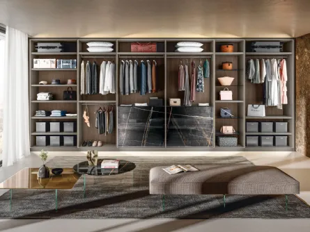 Cabina Armadio in laccato opaco con cassettiera in vetro effetto marmo Calacatta Black Outfit Marble XGlass di Lago