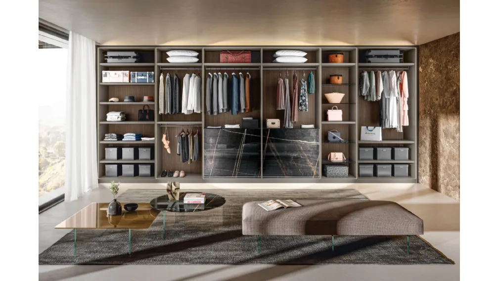 Cabina Armadio in laccato opaco con cassettiera in vetro effetto marmo Calacatta Black Outfit Marble XGlass di Lago