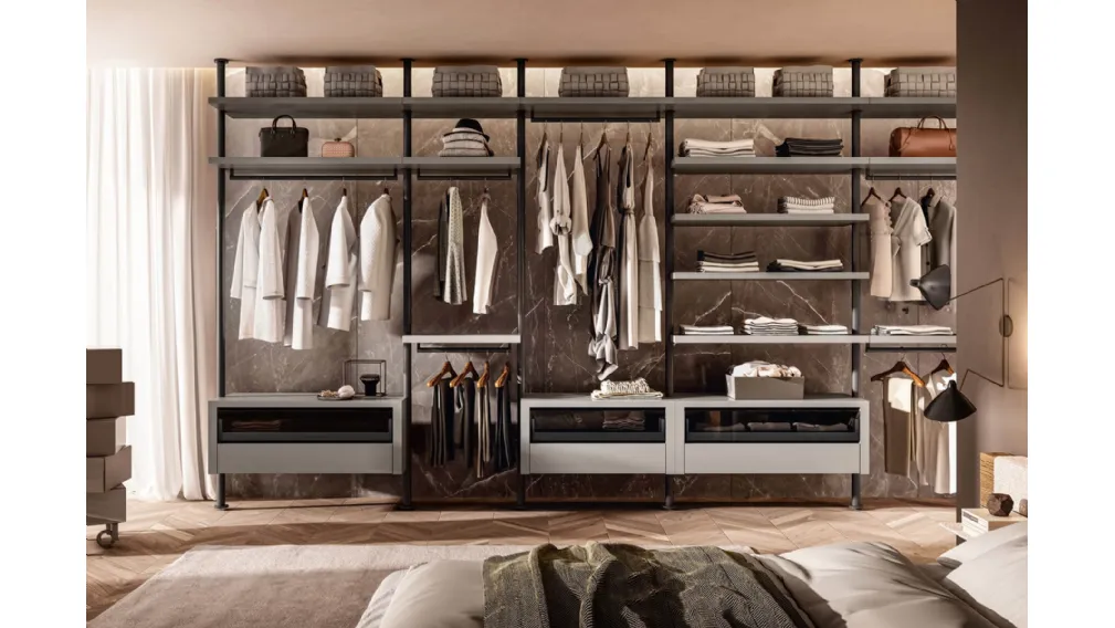 Cabina Armadio moderna in laccato opaco e vetro finitura Oro metallizzato Vista di Lago