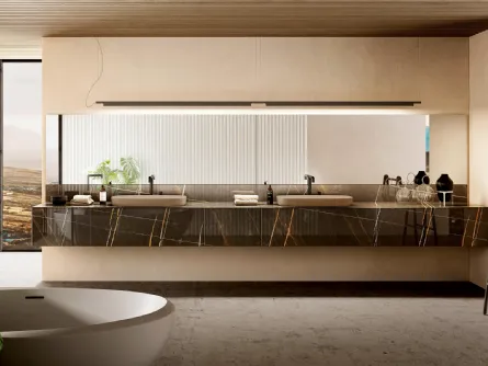 Mobile da Bagno sospeso 36e8 04 in vetro finitura effetto marmo con Doppio Lavabo di Lago