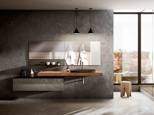 Mobile da Bagno sospeso in vetro laccato con top in legno 36e8 02 di Lago