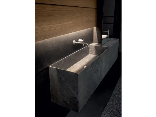 Mobile da Bagno sospeso Blade 02 in gres stone Grey, vetro satinato e boiserie in Noce di Modulnova bagni