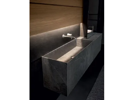Mobile da Bagno sospeso Blade 02 in gres stone Grey, vetro satinato e boiserie in Noce di Modulnova bagni