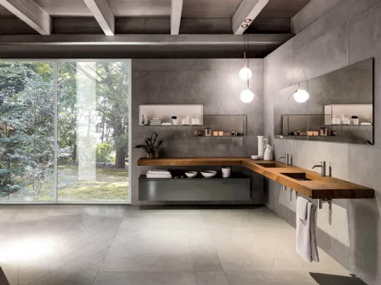 Mobile da Bagno sospeso in Rovere centenario Depth WildWood con lavabo in vetro trasparente di Lago