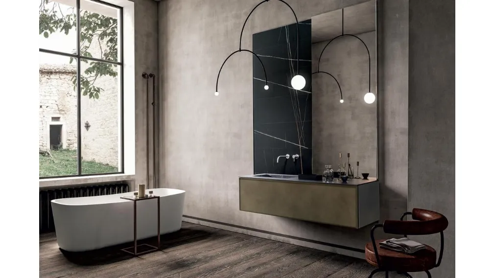 Mobile da Bagno sospeso con finitura metallica Bronze Dust e top in gres Sahara noir Frame 02 di Modulnova bagni