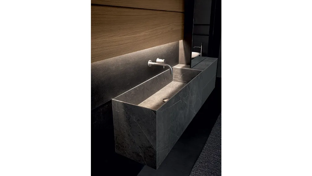 Mobile da Bagno sospeso Blade 02 in gres stone Grey, vetro satinato e boiserie in Noce di Modulnova bagni