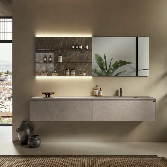 Mobile da Bagno sospeso Skill 01 in laccato satinato con top in gres city stone brown di Modulnova bagni