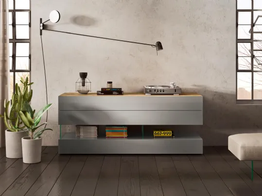 Comò Air in vetro laccato Grigio e top in legno di Lago