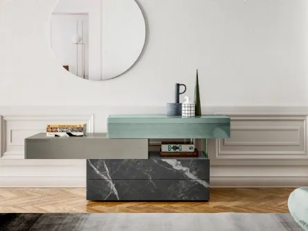 Comò 36e8 0750 in vetro laccato lucido con base in vetro finitura effetto marmo di Lago