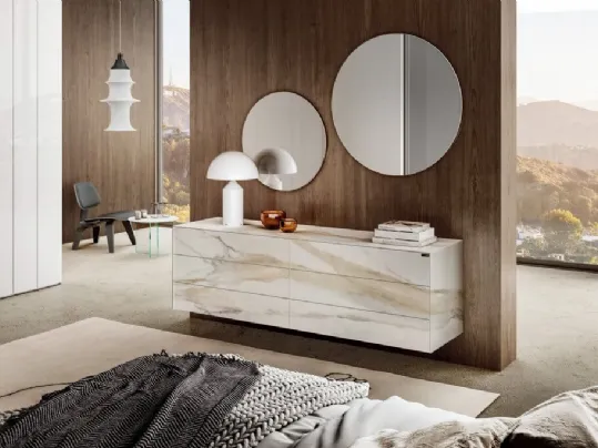 Comò Materia 1060 in vetro finitura effetto marmo Calacatta Gold di Lago