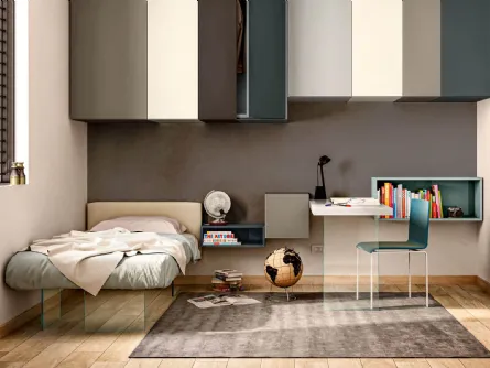 Letto Singolo Air con testiera in tessuto imbottito con base in vetro temperato trasparente di Lago