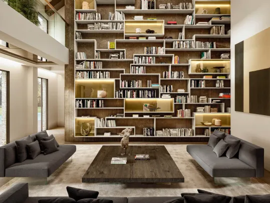 Libreria LagoLinea a tutta parete in laccato opaco e vetro di Lago