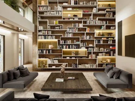 Libreria LagoLinea a tutta parete in laccato opaco e vetro di Lago