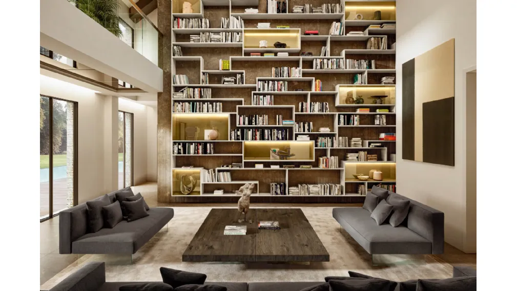 Libreria LagoLinea a tutta parete in laccato opaco e vetro di Lago