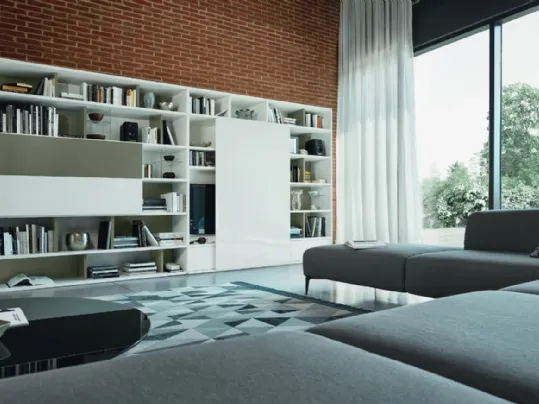 Libreria a muro Modo M6C95 in laccato opaco con anta in vetro lucido di Sangiacomo