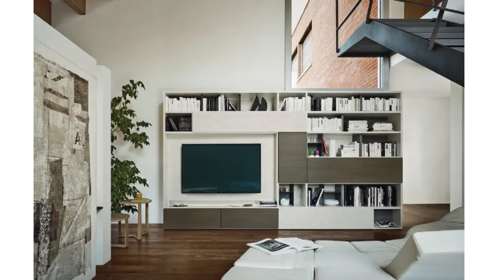 Libreria con vano porta TV Modo M6C73 in laccato opaco e materico Loto natura di Sangiacomo