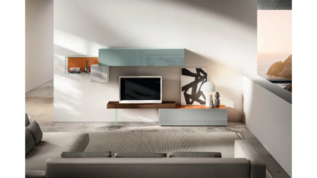 Mobile Porta Tv 36e8 0513 in vetro laccato lucido e legno di Rovere di Lago