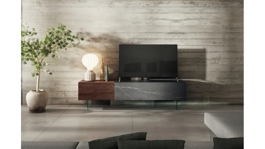 Mobile Porta Tv 36e8 0749 in vetro effetto marmo e legno di Rovere di Lago
