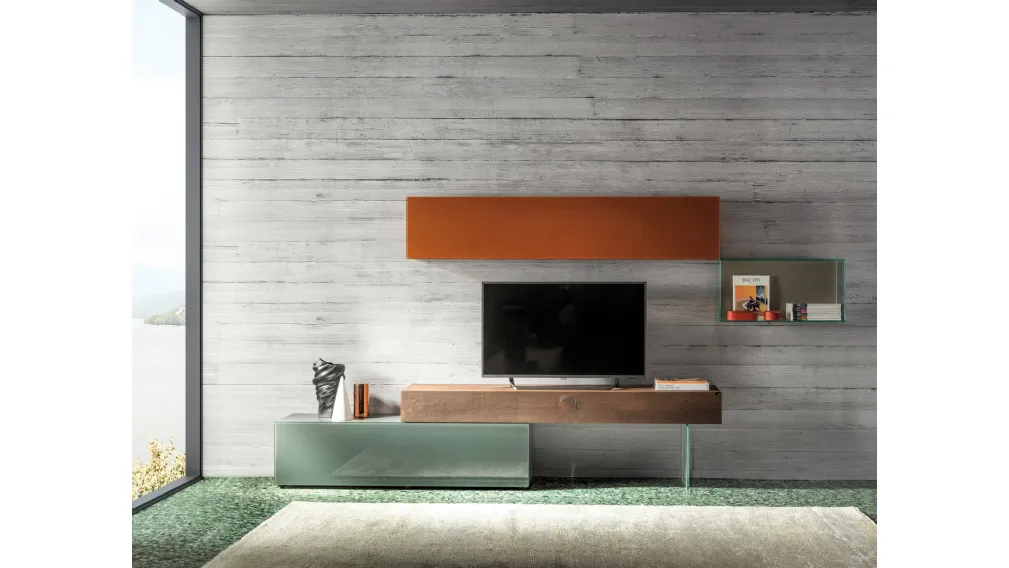 Mobile Porta Tv 36e8 0521 in vetro laccato e legno di Rovere di Lago