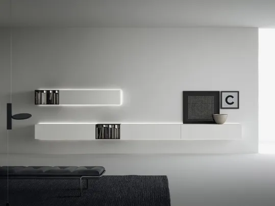 Mobile sospeso in laccato bianco opaco con schiene LED sul perimetro Wallover 02 di Caccaro