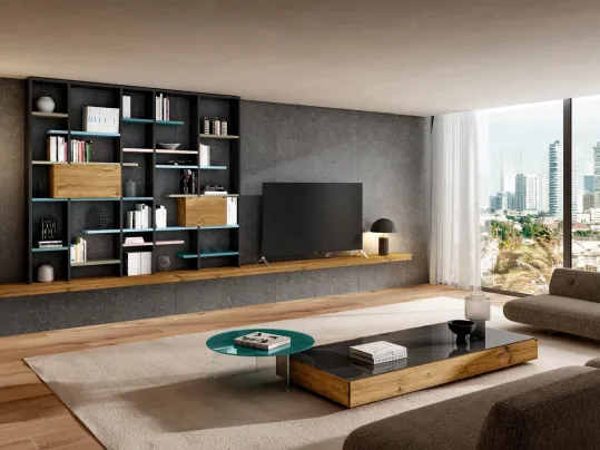 Parete Attrezzata sospesa 30mm 06 in legno di Rovere e laccato opaco di Lago