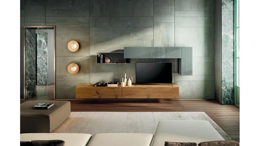 Parete Attrezzata 36e8 in legno di Rovere e vetro di Lago