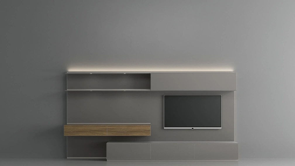 Parete Attrezzata Abacus Grigio Artico in vetro e noce di Rimadesio