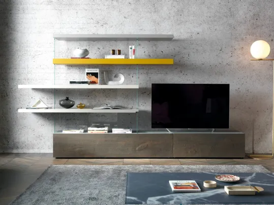 Parete Attrezzata Air 0693 in legno di Rovere Grigio, laccato e vetro di Lago