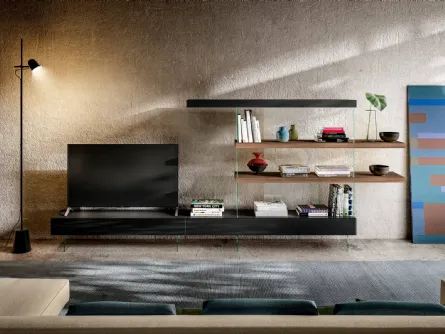 Parete Attrezzata Air 0843 in vetro laccato Nero, laccato opaco e legno di Lago