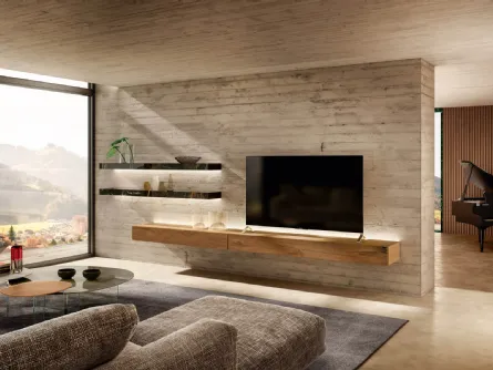 Parete Attrezzata sospesa Dub in legno di Rovere con Mensole in vetro finitura effetto marmo di Lago