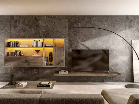 Parete Attrezzata sospesa Idea Salvaspazio in Legno di Rovere Grigio di Lago