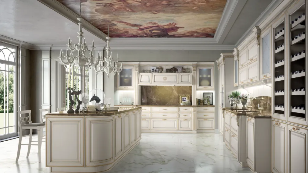 Cucina classica elegante in laccato opaco con isola Made in Italy Caviar Gold di Miton