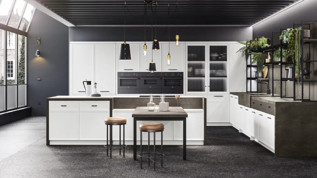 Cucina classica con isola in laccato opaco Bianco e rovere con top in gres Levante di Miton