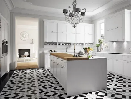 Cucina Classica angolare con isola in laccato opaco e marmo di Carrara Masa di Miton