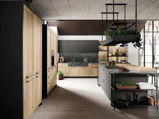 Cucina Classica con isola in laminato finitura legno rovere antico e laccato grigio opaco Medea di Miton