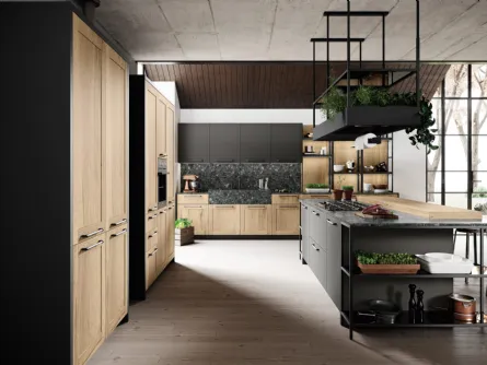 Cucina Classica con isola in laminato finitura legno rovere antico e laccato grigio opaco Medea di Miton