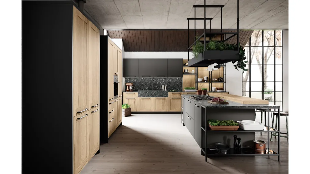 Cucina Classica con isola in laminato finitura legno rovere antico e laccato grigio opaco Medea di Miton