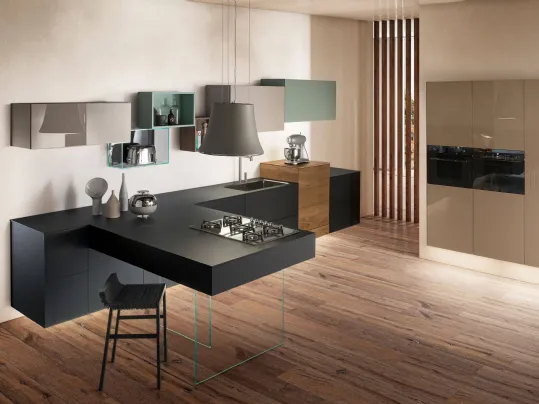 Cucina Design in laminato, legno e vetro 36e8 Fenix angolare con penisola di Lago