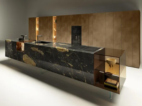 Cucina Design lineare monolitica 36e8 Glass in vetro finitura effetto marmo Geode con teche in vetro Fumé Bronzo di Lago