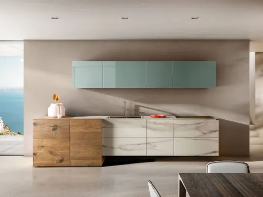 Cucina Design lineare 36e8 Marble XGlass Calacatta Gold e Rovere con pensili in vetro laccato di Lago