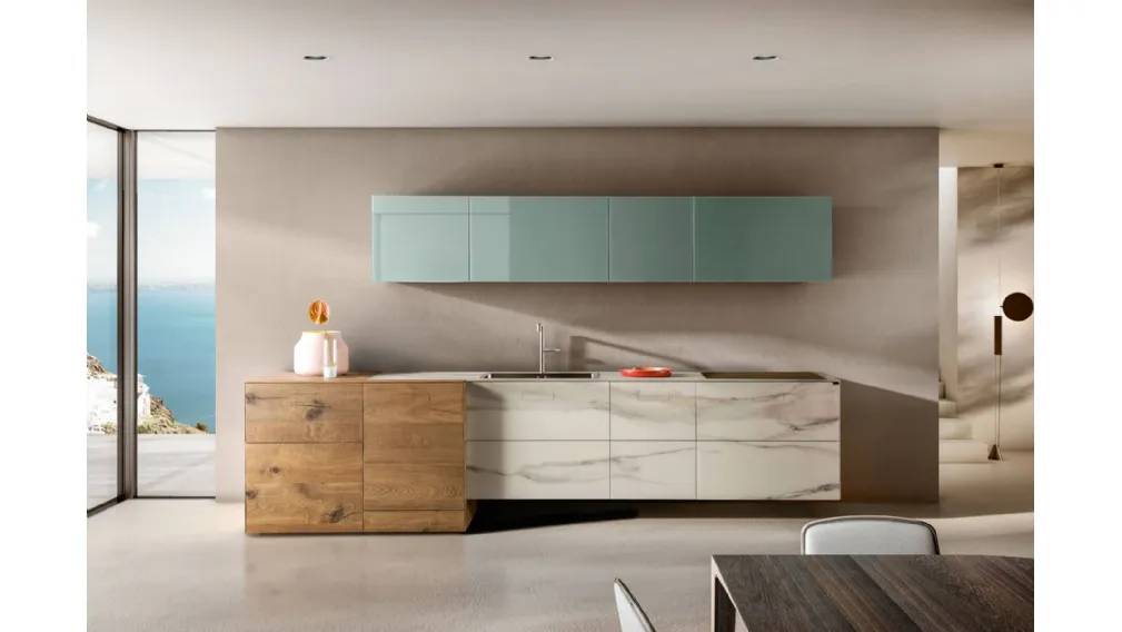 Cucina Design lineare 36e8 Marble XGlass Calacatta Gold e Rovere con pensili in vetro laccato di Lago
