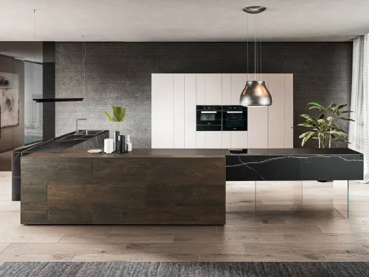 Cucina Design angolare 36e8 Marble XGlass Marquina e Rovere scuro di Lago