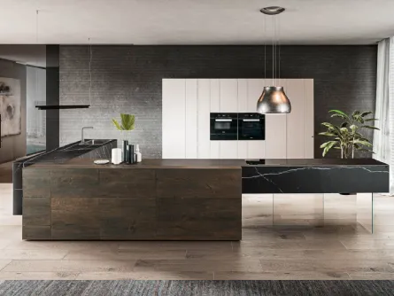 Cucina Design angolare 36e8 Marble XGlass Marquina e Rovere scuro di Lago
