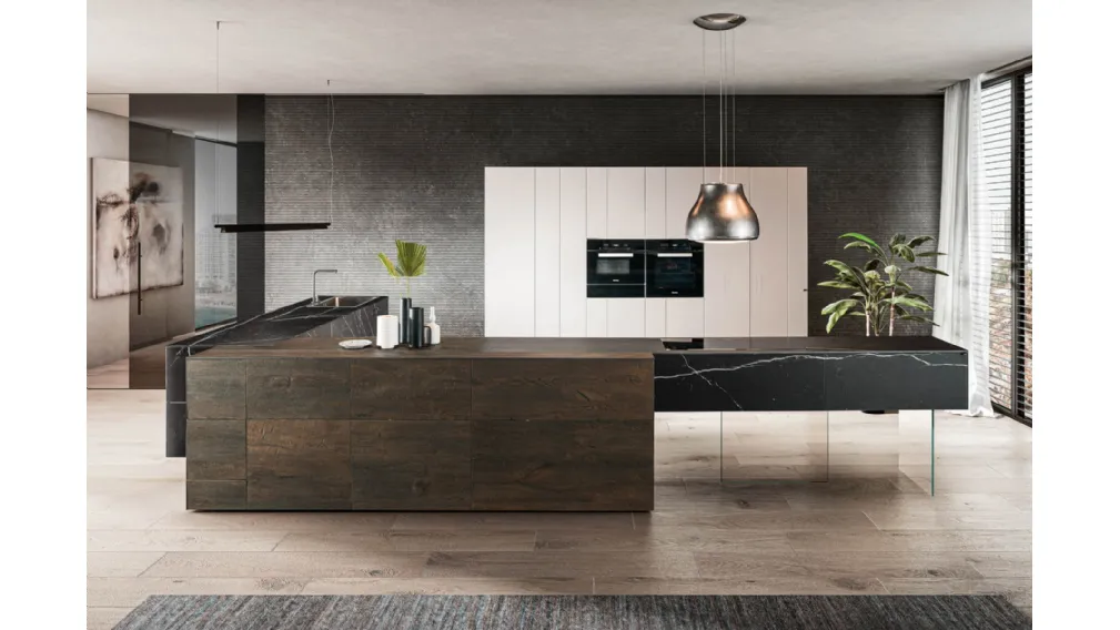 Cucina Design angolare 36e8 Marble XGlass Marquina e Rovere scuro di Lago