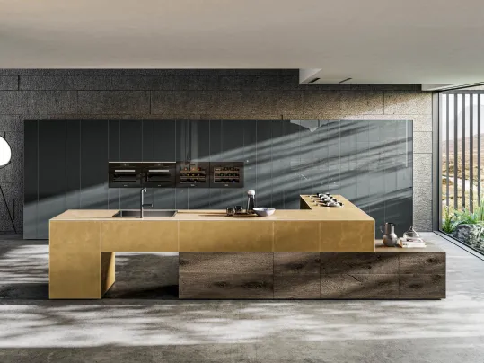 Cucina Design angolare 36e8 Metal XGlass in vetro laccato metallizzato color Oro e legno di Rovere di Lago