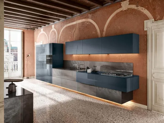 Cucina Design lineare sospesa 36e8 36e8 Metal XGlass Project 1093 in vetro laccato di Lago