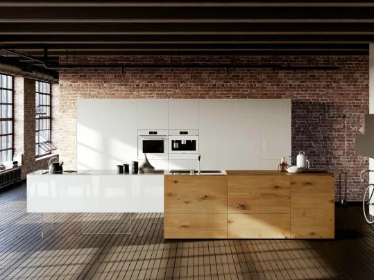 Cucina Design lineare 36e8 Wildwood 03 in legno di Rovere centenario e vetro laccato Bianco di Lago