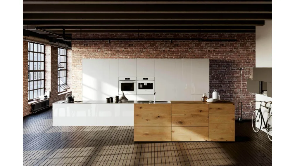 Cucina Design lineare 36e8 Wildwood 03 in legno di Rovere centenario e vetro laccato Bianco di Lago