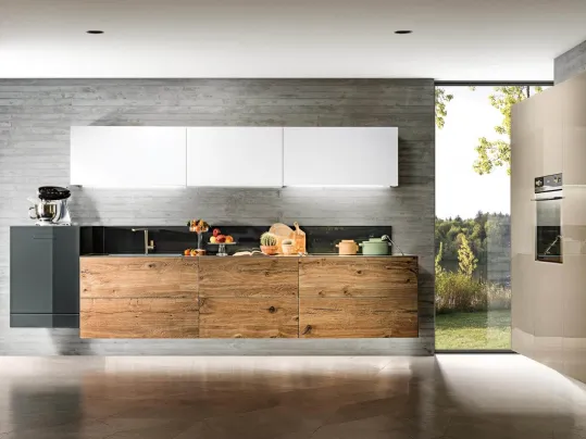 Cucina Design lineare sospesa 36e8 Wildwood 04 in legno di Rovere centenario e vetro laccato di Lago